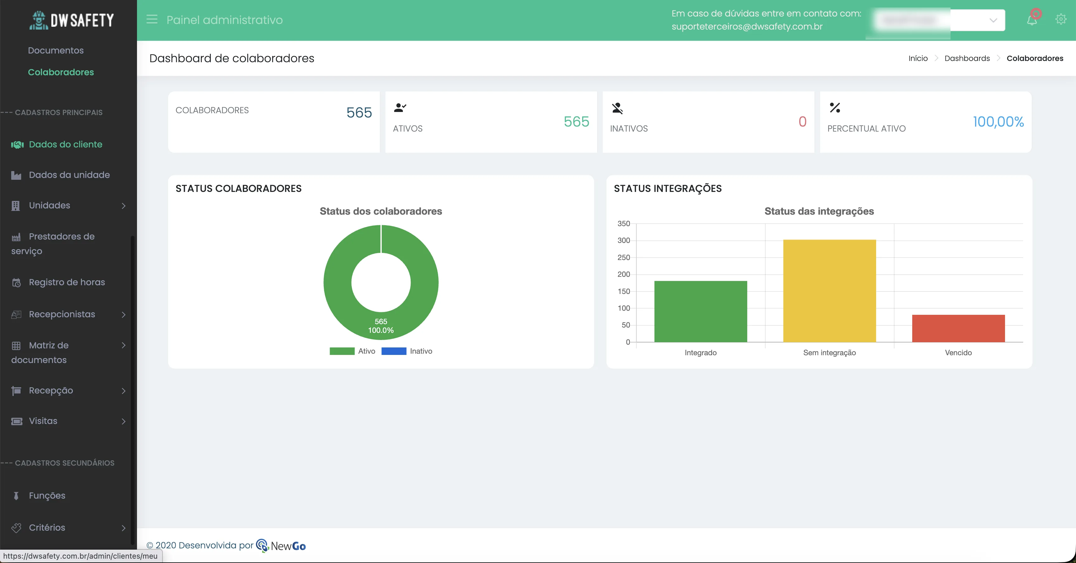 Dashboard de colaboradores mostrando 565 colaboradores totais, 565 ativos, 0 inativos, 100% percentual ativo, gráfico de status dos colaboradores e status das integrações incluindo integrados, sem integração e vencidos